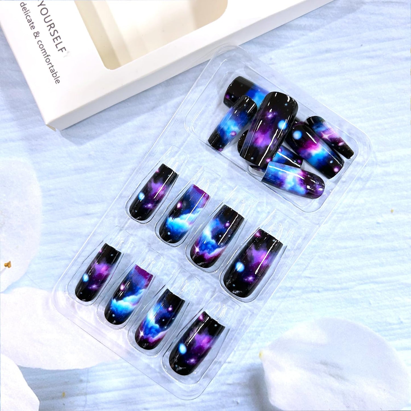 LOPMNGHT 24Pcs Press on Nails Medium Length Starry Sky Smudge False Nails Black Gradient Acrylic Nails Full Cover Stick on Nails Artificial Nails Reusable Glossy Glue on Nails for Women