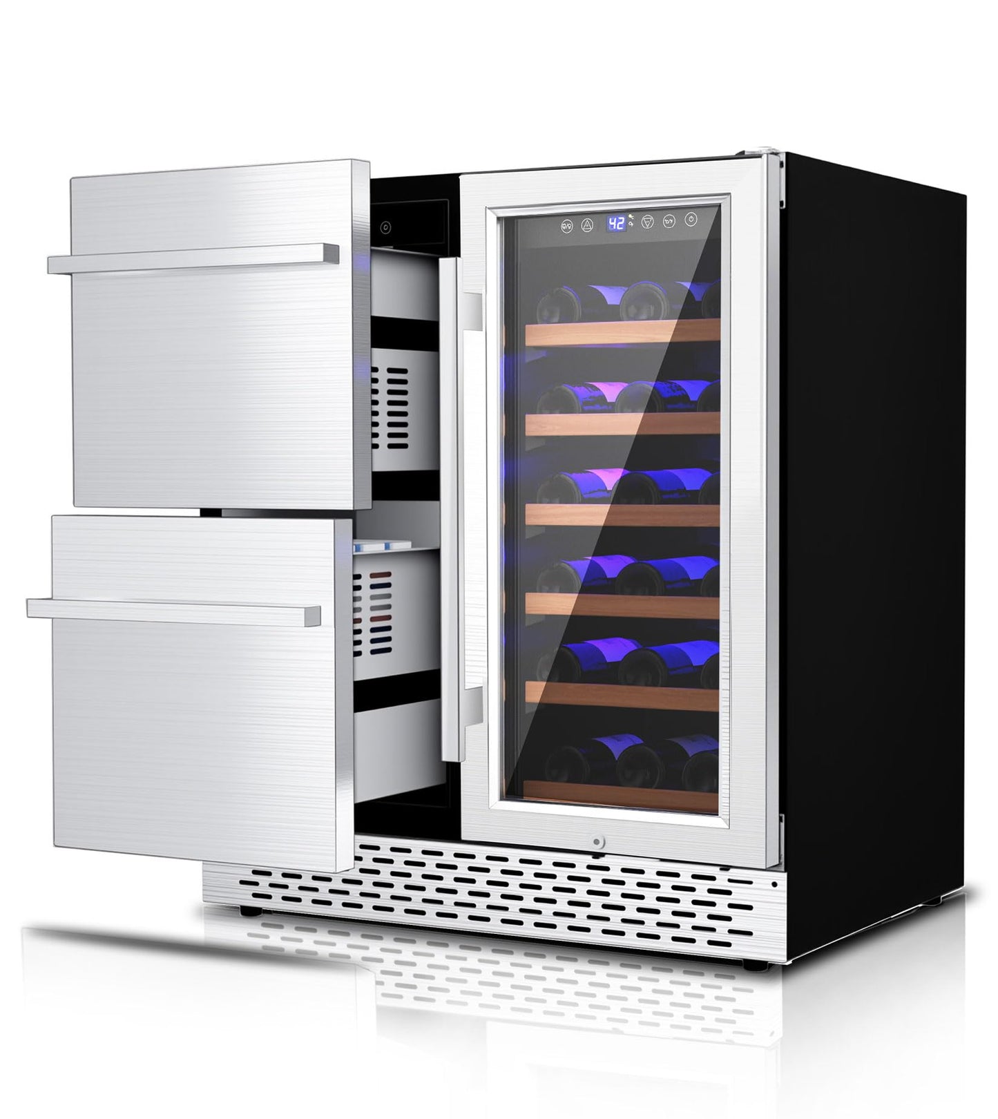 RLPI 30'' Outdoor Wine and Beverage Refrigerator 80 Cooler, 2 Drawer Dual Zone Wine Fridge with Intelligent Control Advanced Compressor Under Counter Freestanding for Patio Bar Cabinet