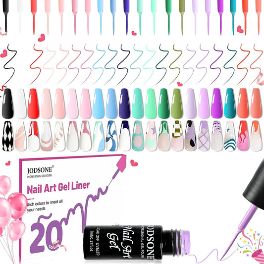 JODSONE Gel Polish Nail Art Gel Liner Set 20 Colors Red Pink Blue Purple with Thin Brush Need U V Lamp Cured Gift for Girls at Home Salon Design,Valentines Gifts for Women