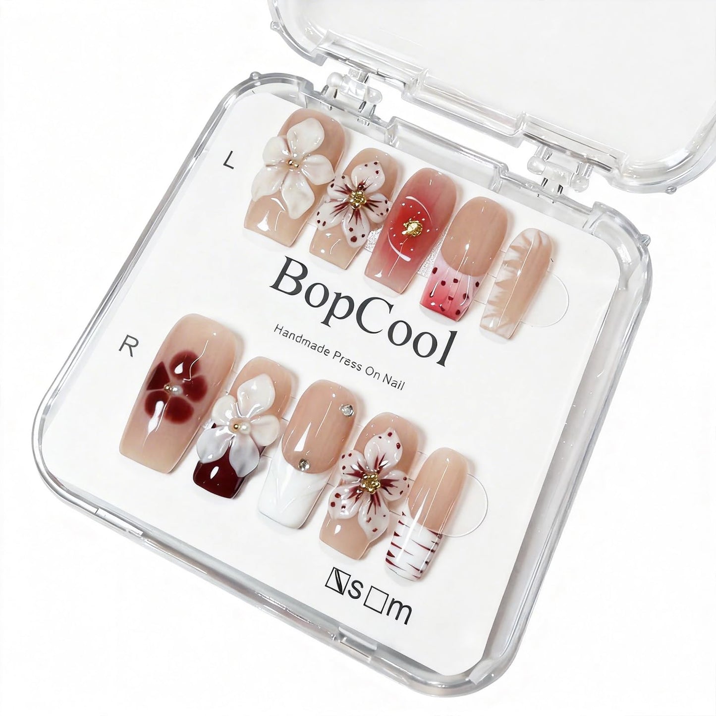 Nude Pink Handmade Press on Nails – Long Coffin Shaped Fake Nails with Rhinestones & Flower Designs | Full Cover Thick Acrylic & Multi-Layer Gel Stick on Nails Spring Pattern (S-10PCS)