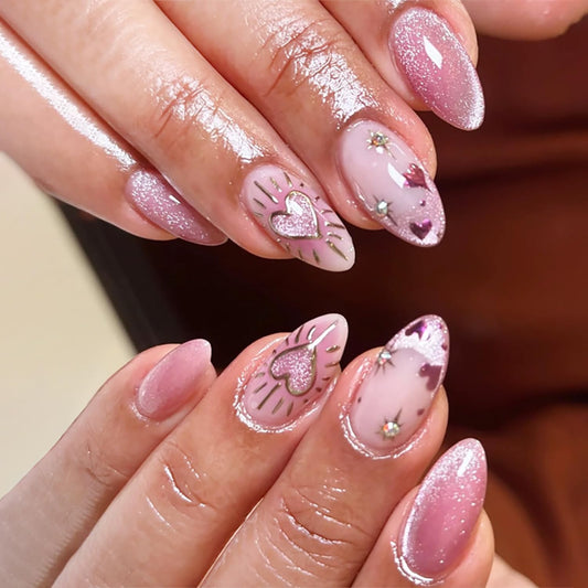 24Pcs French Press on Nails Almond Medium Length Fake Nails with Gold Heart Star Rhinestones Design Acrylic Glue on Nails Full Cover Stick on Nails Glitter Pink Artificial Nails for Women Nail Decor