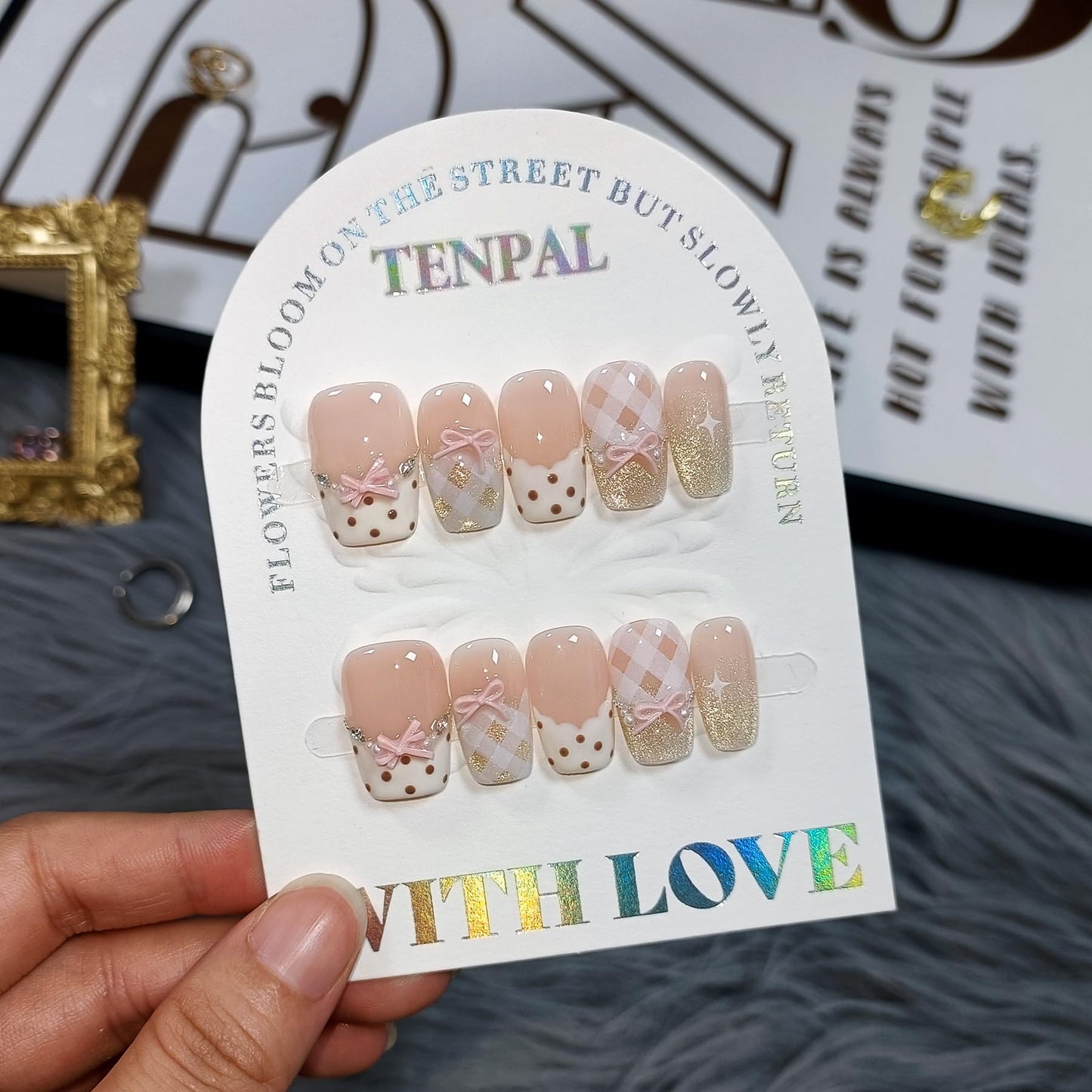 TENPAL 10Pcs Y2K Short Medium Coffin Press On Nails With Tools Kit,Light Pink Cat Eye French Fake Nails with Dot Bow Plaid Pattern,K-Beauty Acrylic Glue on Nails for Wedding Party Daily Wear(L)