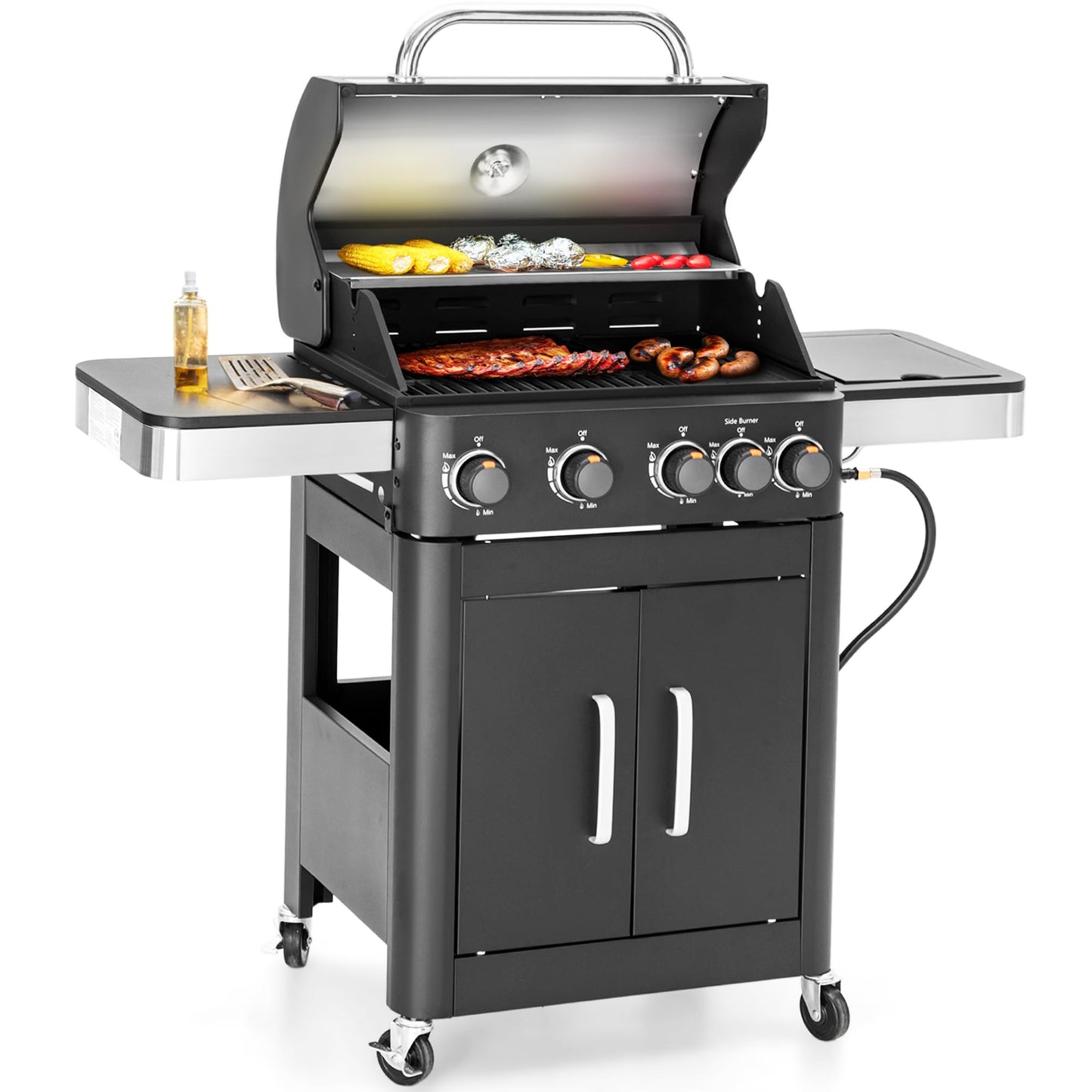 Sophia & William 4-Burner Gas BBQ Grill with Side Burner & Porcelain-Enameled Cast Iron Grates, Outdoor Cooking Propane Grills Cabinet Style Garden Barbecue Grill, 46,700BTU, Black
