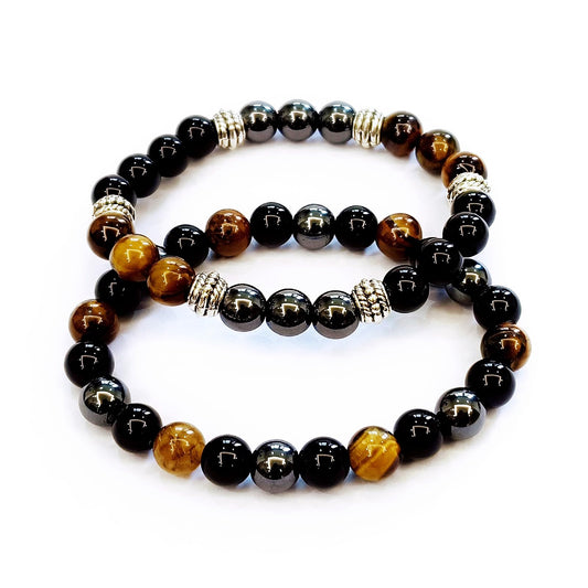 WEFRIN Triple Protection Bracelet for Bring Luck and Prosperity Hematite Black Obsidian Tiger Eye Stone Bracelets for Men Women, Beaded Buddha Healing Rope Uni Bracelet (2pcs) (B)