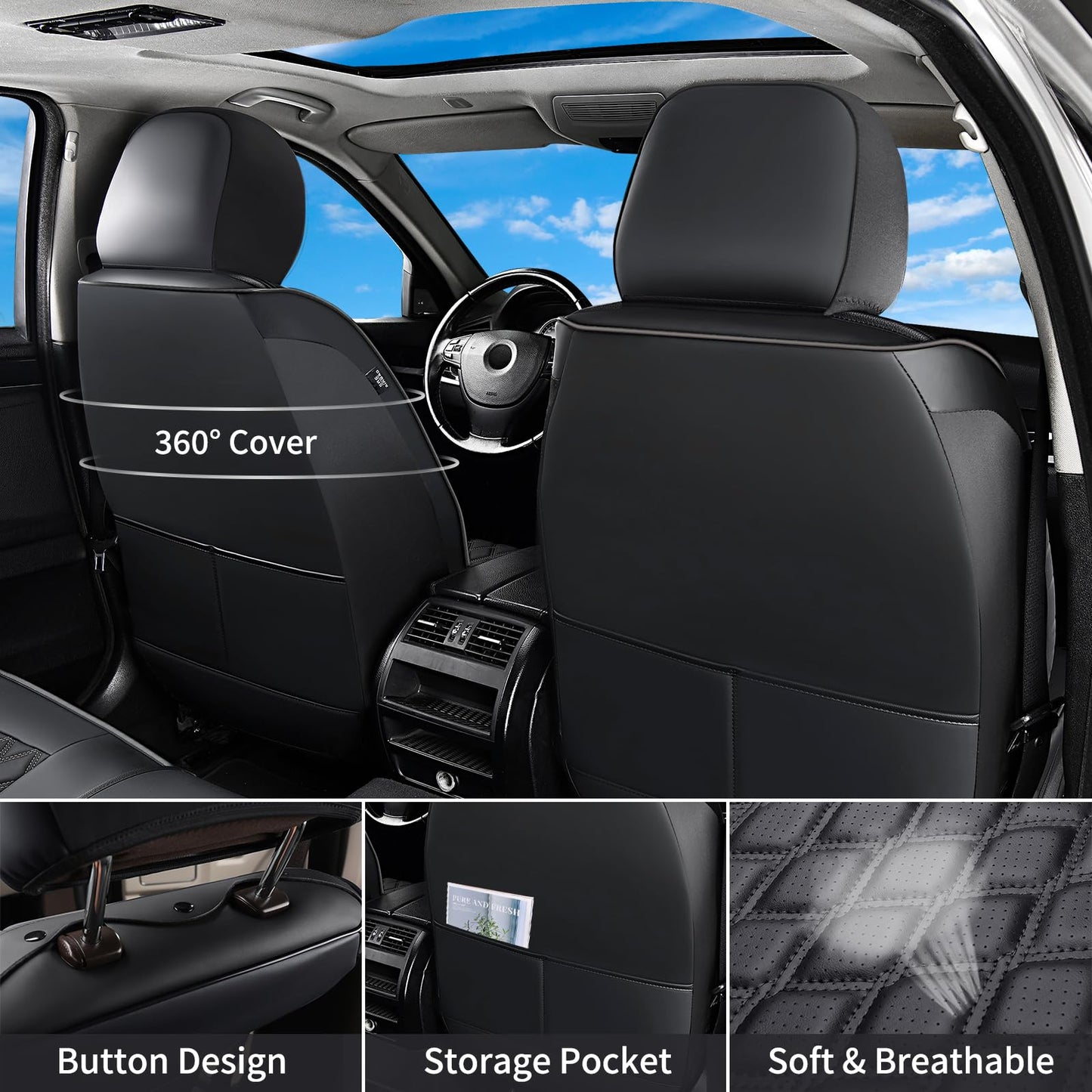 Huidasource Ford Seat Covers, Leather Pickup Seat Cushion Cover Fit for 2015-2025 Ford F150 SuperCrew & 2017-2025 F250 F350 F450 Super Duty Crew Cab XL XLT Lariat King Ranch Platinum(Full Set/Black)