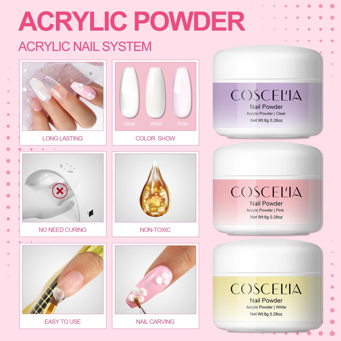 COSCELIA Acrylic Nail Kit for Beginners with Everything Professional Acrylics Powder 6pcs Gel Nail Polish 18pcs Glitter Decoration Powder Nails Kit Acrylic Set with Drill Light Gifts for Women