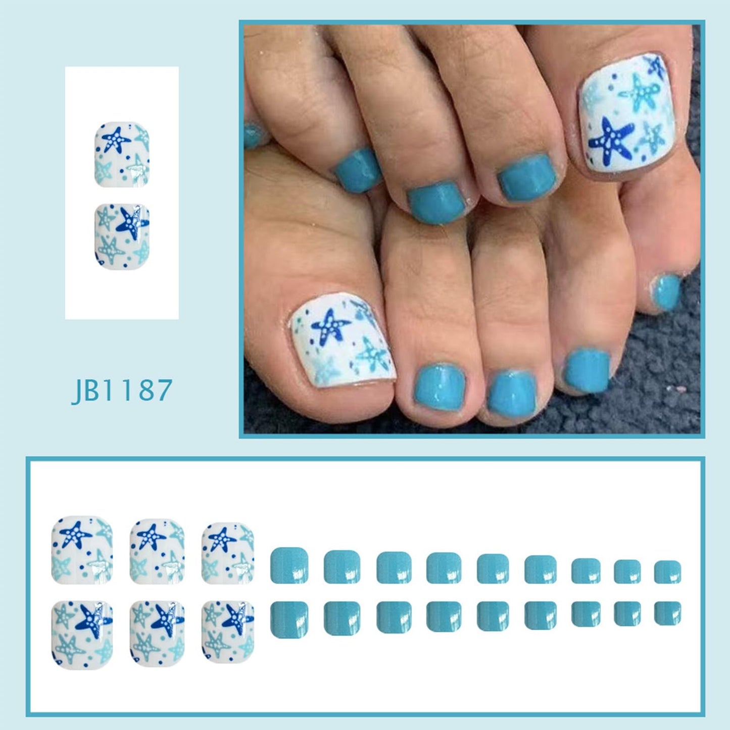 Blue Starfish Press on Toenails Short Square Fake Toe Nails Summer Beach Toenail Press ons Acrylic Toe Nail Tips Reusable Stick on Nails for Women Daily Vacation Manicure 24Pcs