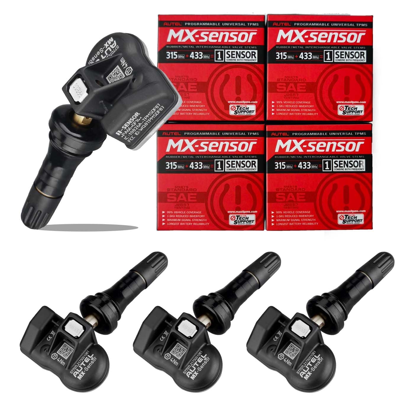 Autel TPMS Sensors Set of 4, Rubber Stem Tire Pressure Sensor, 315MHz & 433MHz MX Sensor, Programmable Tire Sensor Replacement, Work w/ TS408S TS501 TS508WF TS601 TS608 TS900 ITS600 PRO MK808TS