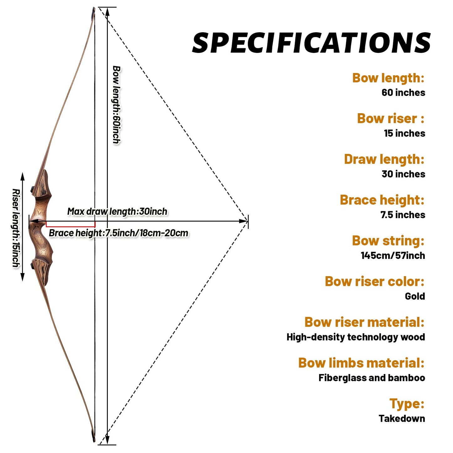 60 Inch Black Hunter Longbow 20-60 Lbs Archery Bow with Stringer Tool Right Hand Hunting Bows for Adults Outdoor Shooting Target Practice (40LBS)