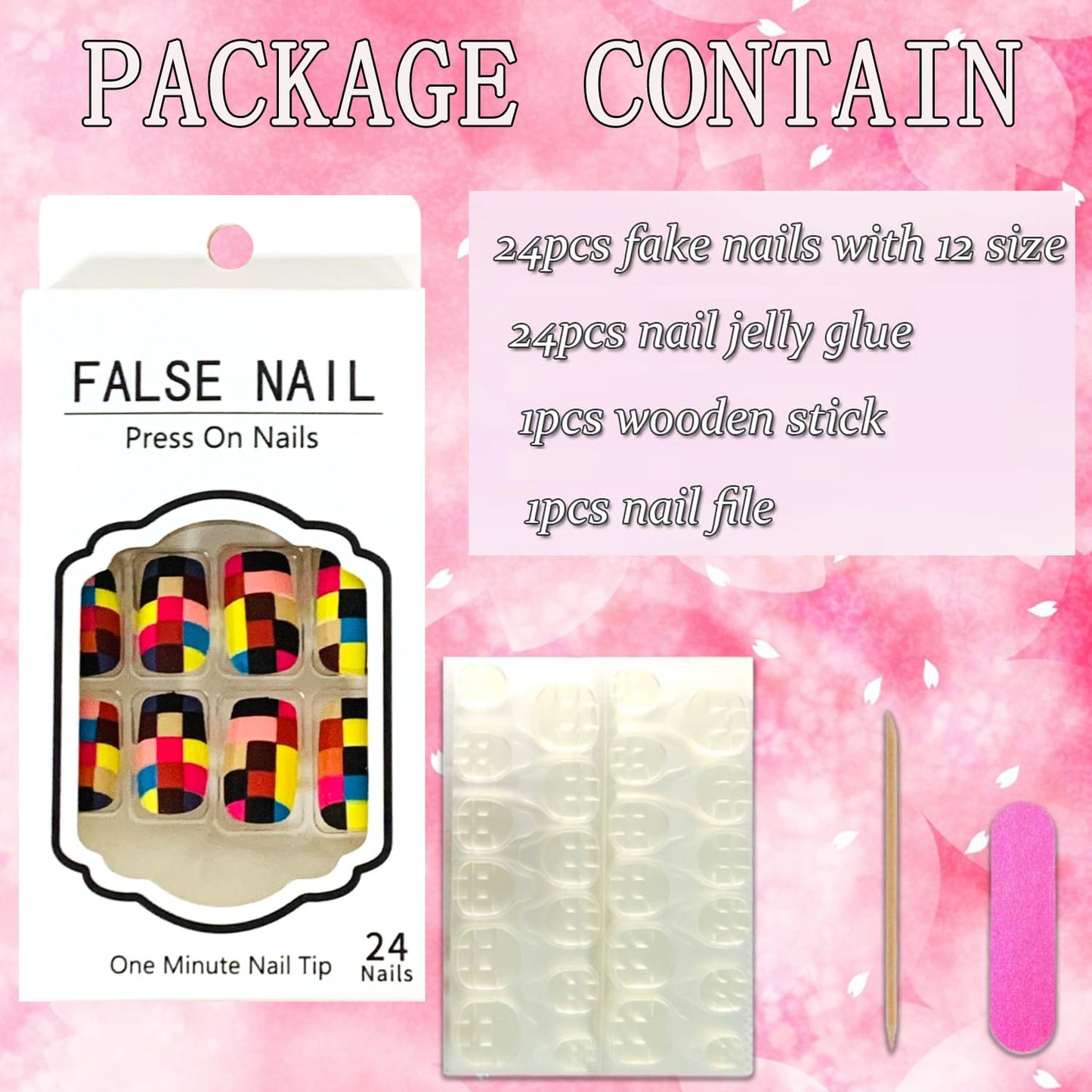 Vezocim Press on Nails Short Square-24Pcs Matte Full Cover Acrylic Square False Nails with Plaids Designs Artificial Extra Short Square Fake Nails with Glue Stick on Fingernails for Women Girls