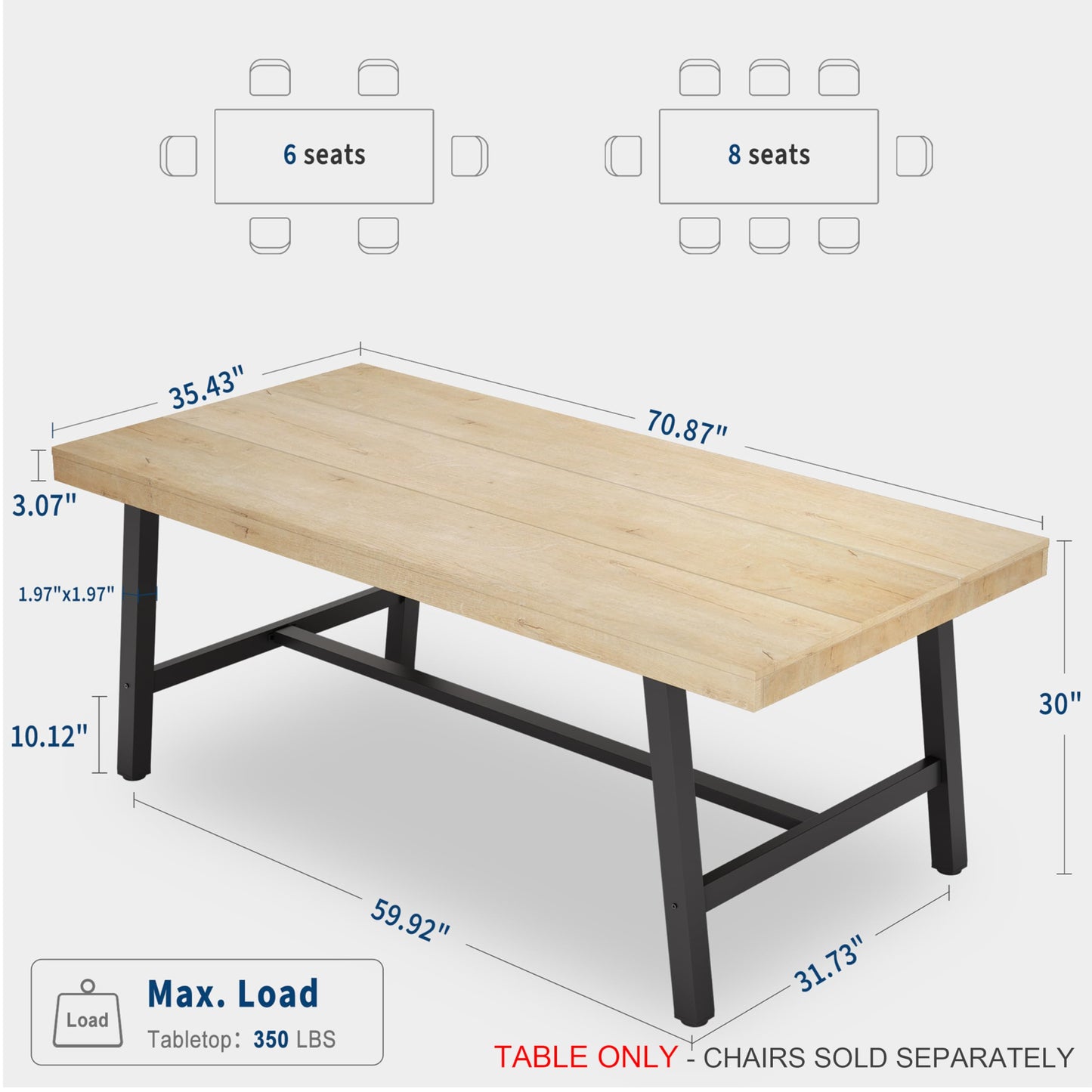 GarveeHome Industrial Dining Table for 6-8 People, 70.87" Long Wooden Kitchen Table with Sturdy Metal Frame & Natural Finish, Seats 6 Rectangular Counter for Dinner, Kitchen, Dining Room - Natural