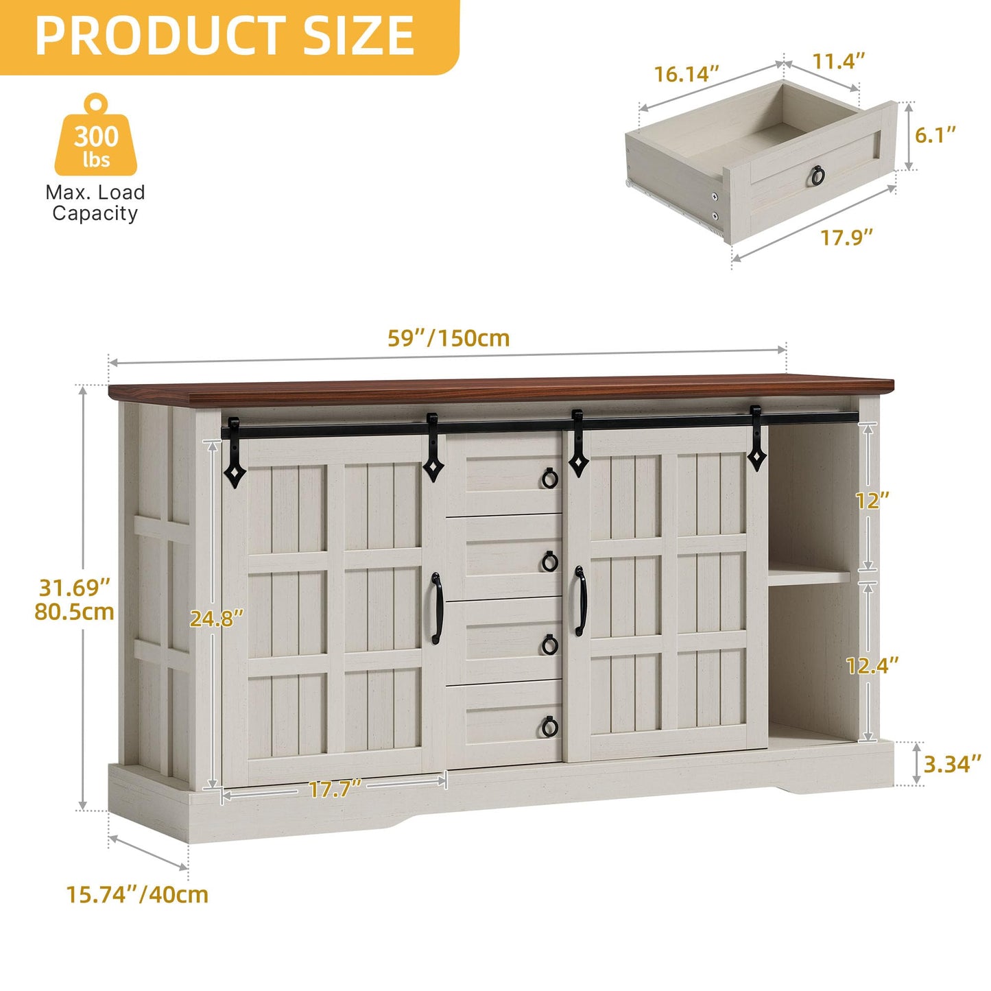 DWVO 59" Sideboard Buffet Cabinet with Storage, Kitchen Storage Cabinet with Sliding Barn Doors and 4 Drawers for Living Room/Kitchen, White Oak