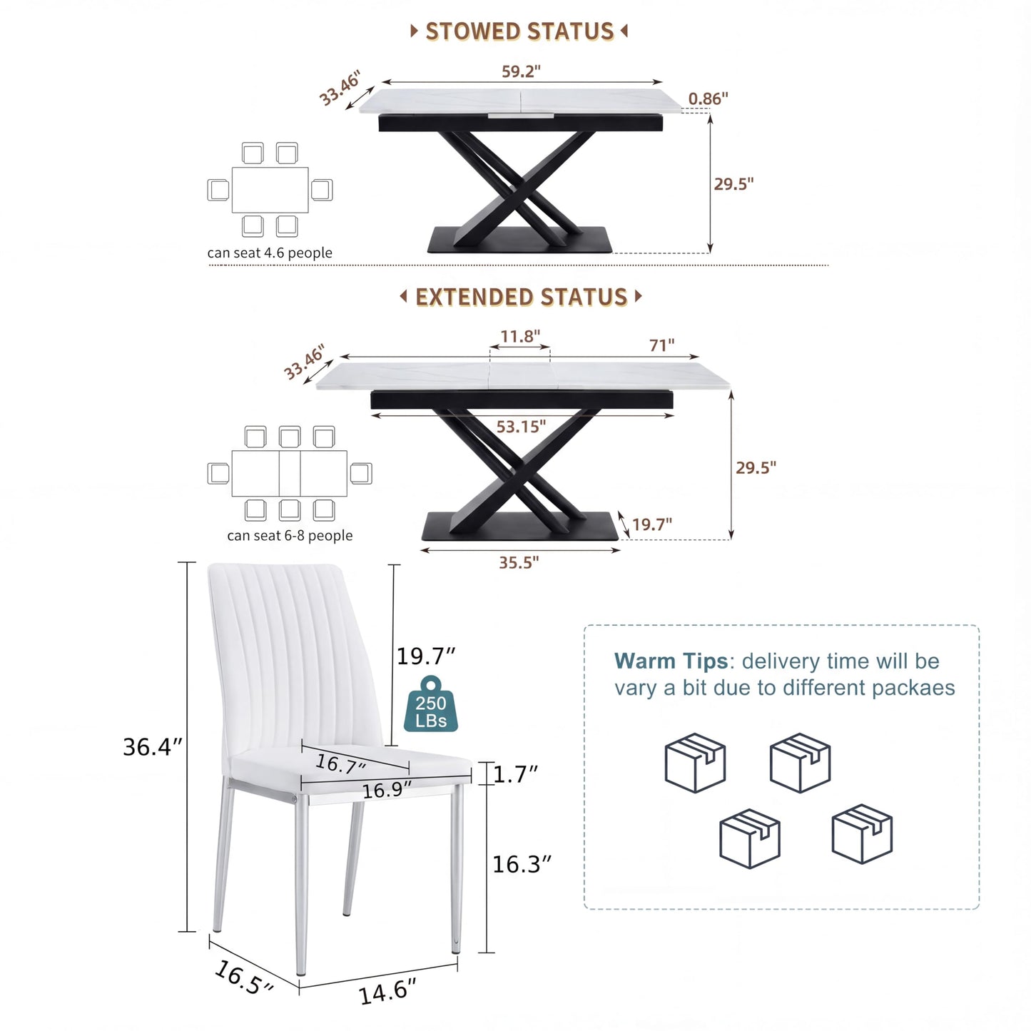 White Extendable Dining Table for 6, 59.1"-71.18" Modern Expandable Rectangle Dinner Kitchen Table,PU Leather and Chrome Leg Chairs,Modern Marble Dining Tables for Kitchen, Comedor(Marble White)