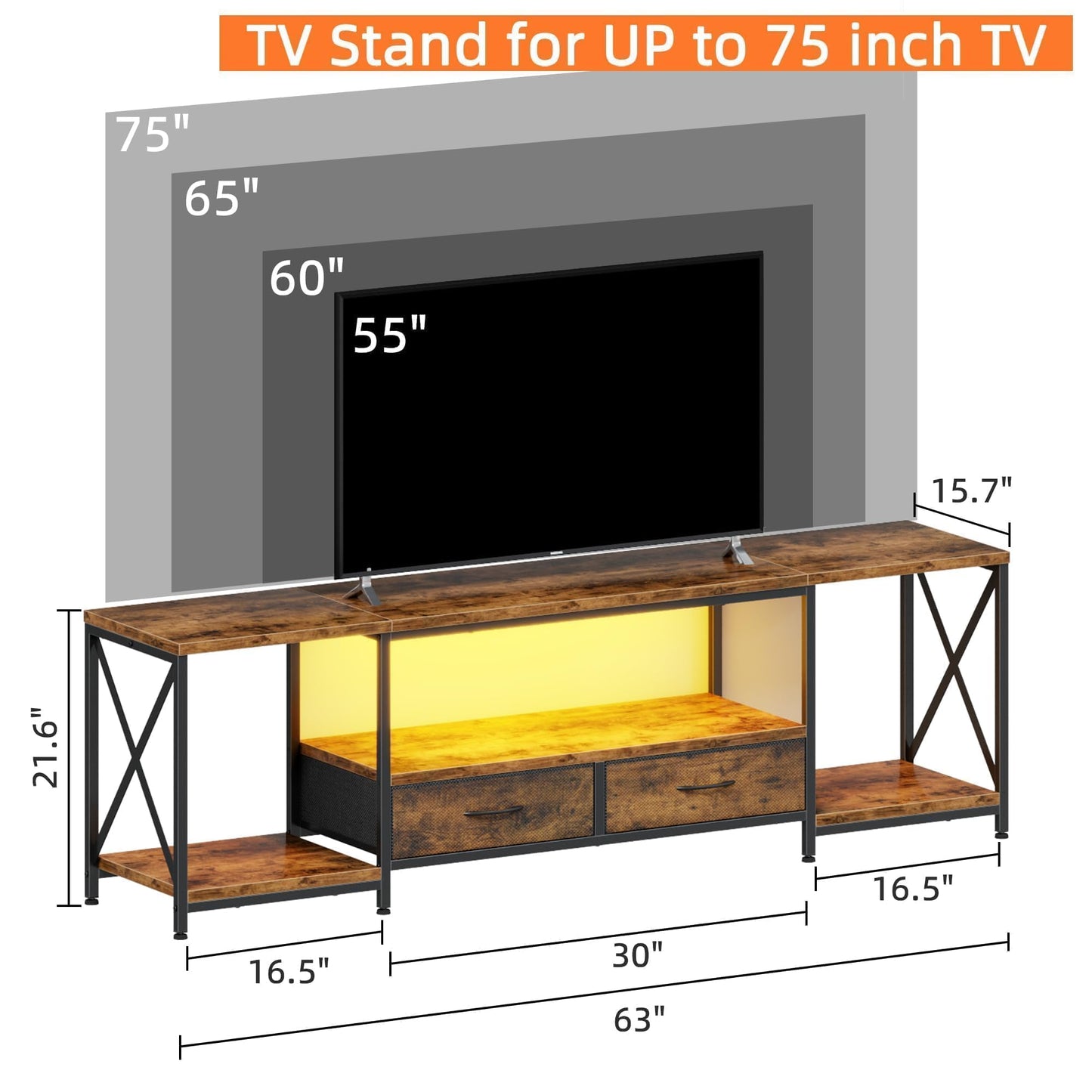 LED TV Stand for 75 70 Inch TV with Fabric Drawers LED Entertainment Center Television Stands with Storage Shelves for Living Room, Bedroom, TV Console Table 63" Rustic Brown