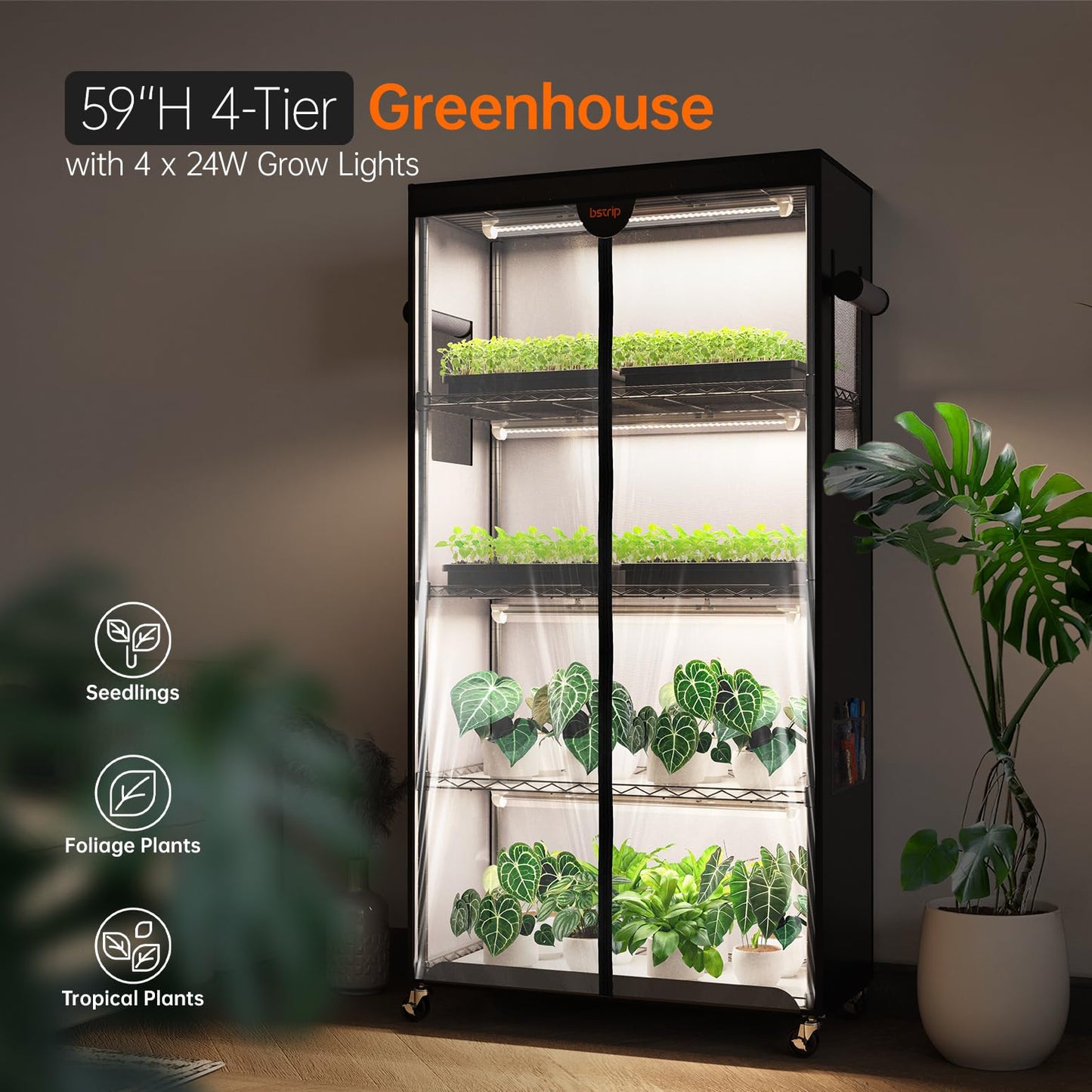 Bstrip Indoor Greenhouse with Grow Light, Plant Stand with 4 Pack 24W Full Spectrum Plant Lights, Plant Shelf with Tent for Indoor Plant, Seed Starting, Seed Tray, 29.5"x13.8"x59"