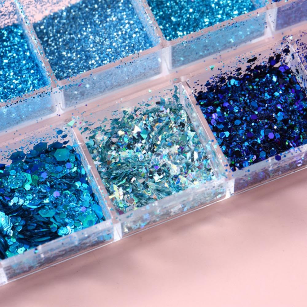 Nail Art Foil Flakes Powder 3D Holographic Nail Art Foil Glitter Sequins Blue Glitter Nails for Women Girls Acrylic Nails DIY Decorations Charms