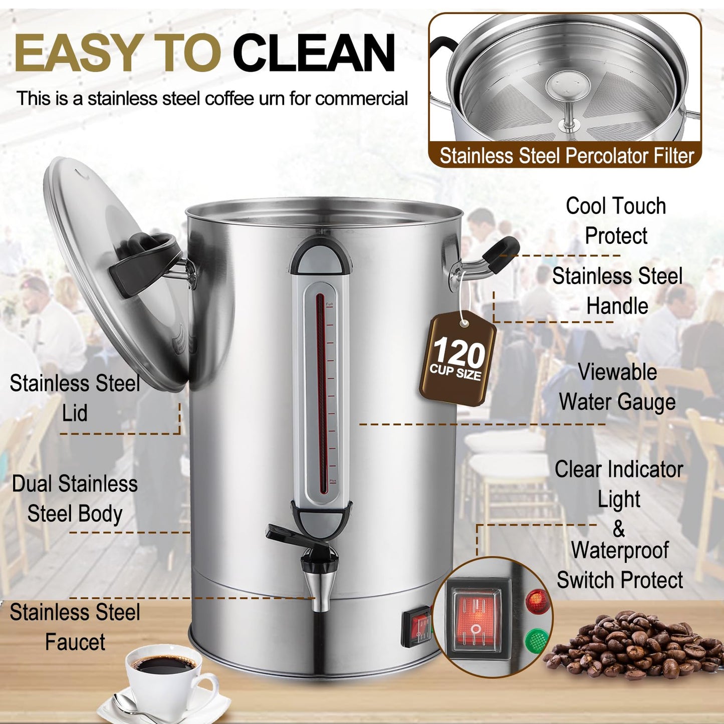 Commercial Coffee Urn 120 Cup Large Coffee Urn 20L Coffee Maker Stainless Steel Double Wall Coffee Percolator 1300W Quick Brew Hot Beverage Dispenser for Events, Offices, Parties, Catering, Gathering