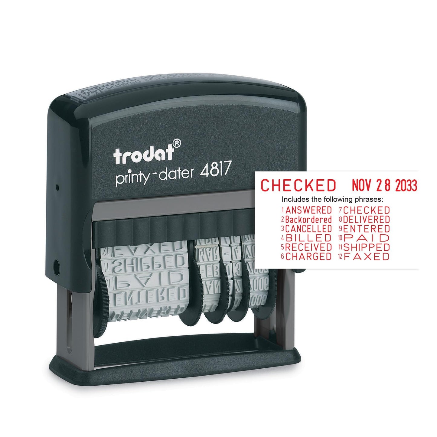 Trodat Printy 4817 Economy Dial-A-Phrase, 12 Popular Office Messages, Month in Letters, Day and Year in Numbers, Rubber Date Stamp – Self Inking (Red)