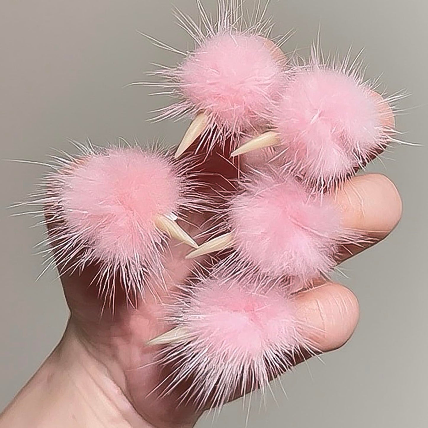 Halloween Press on Nails Luxury Medium Stiletto Handmade Eagle Claw Unique Reusable ABS Material Curved Fake Nails Dragon Cat Claw False Nails with Pink Fur Glossy Glue on Nail Thick Acrylic Nail(M)