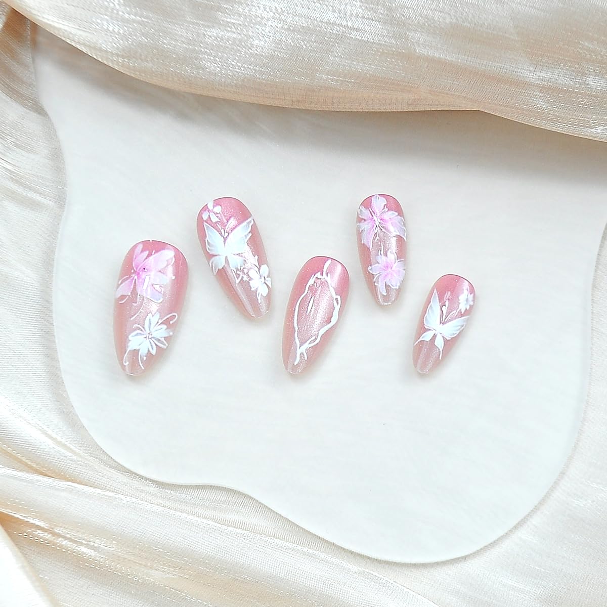 Spring Press on False Nails Pink Ombre Cat Eye Fake Nails Medium Almond Glue on Nails with Cute Butterfly Flower Designs Press ons Stick on Nail for Women Manicure 24Pcs