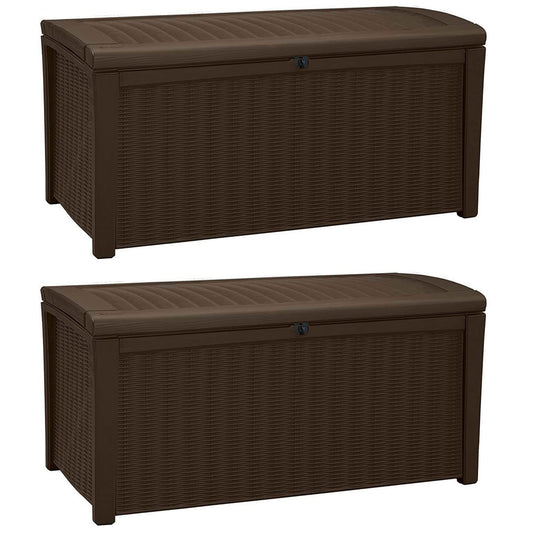 Keter 2-Pack Borneo 110 Gallon Deck Box Organizer, Doubles as 2-Person Bench Seat, Brown – Large Resin Outdoor Storage and Seating with Lockable Lid for Garden, Pool, and Patio