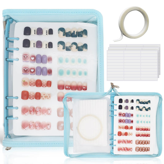 KEIFIN Press On Nail Storage Organizer Binder with 8 Insert Pages - A5 Size Reusable Fake Nail Swatch Collecting Book Polish Color Display Holder Container with Tape and Zipper Pocket (BLUE)