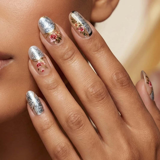 Flower Press on Nails Short Almond Fake Nails Blue Floral with Peony Design Full Cover Glossy Acrylic Artificial Fingernails Press Ons Blossom Stick on Nail 24Pcs