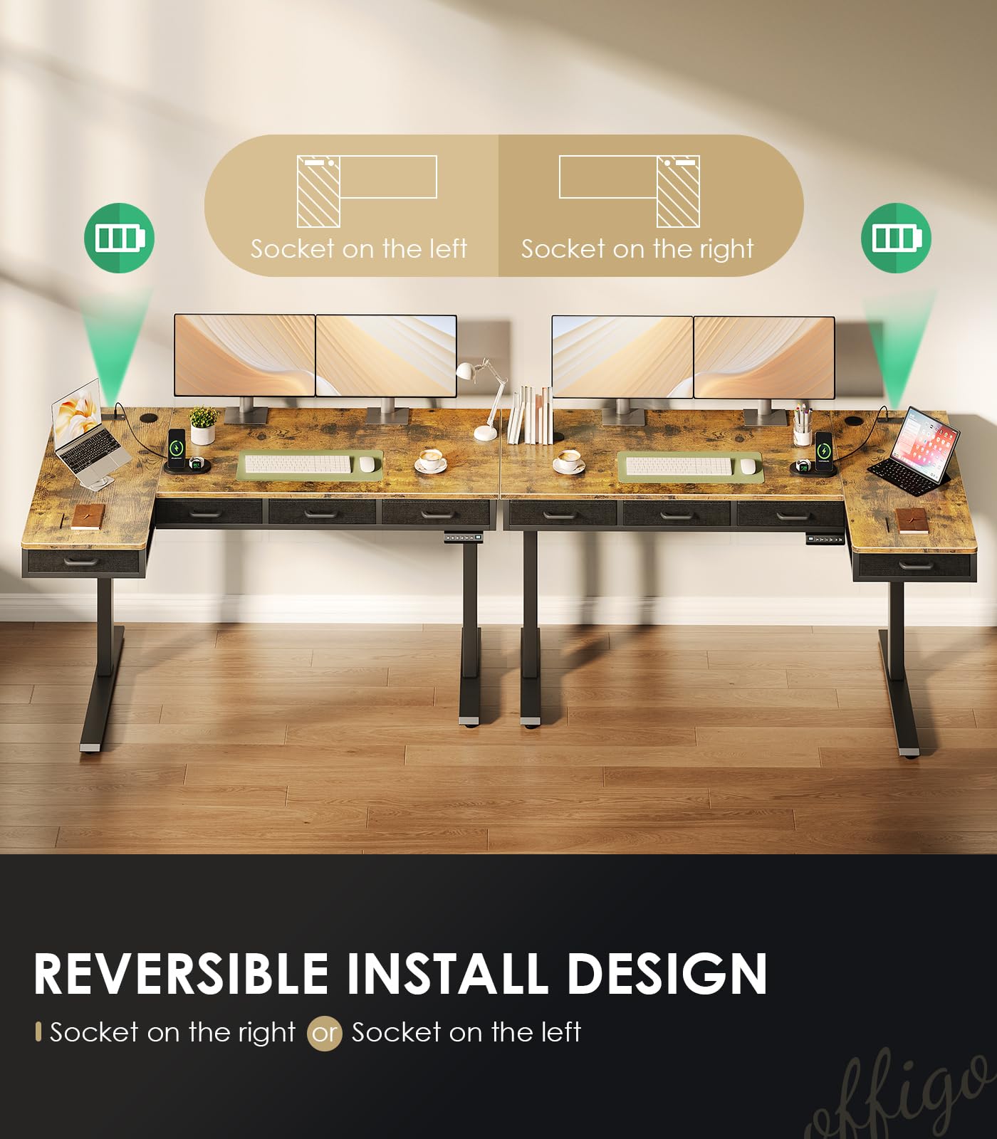OffiGo 63 Inch L Shaped Electric Standing Desk with Drawers, Height Adjustable Large Desk with Power Outlets, Sit Stand Table, Writing Computer Desk for Home, Office, Workstation, Rustic Brown
