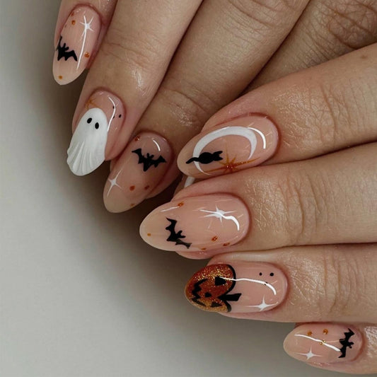 24Pcs Halloween Press on Nails Medium Almond,NEWSPIED Black Cat Bat Pumpkin Ghost Fake Nails Nude Pink Designs Glossy Full Cover False Nail Cute Artificial Halloween Glue on Nails for Women Girls