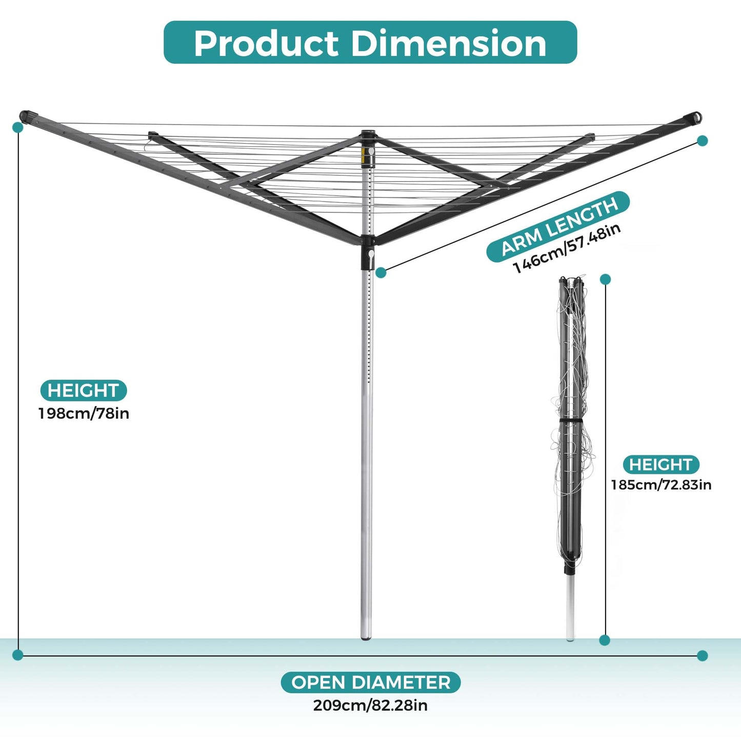 Suptinwear Outdoor Rotary Clothesline with Ground Spike, 4 Arm Umbrella Clothes Drying Rack, 12-Line 196 ft Large Laundry Drying Line, Adjustable Height Outdoor Clothesline for Backyard Patio Garden