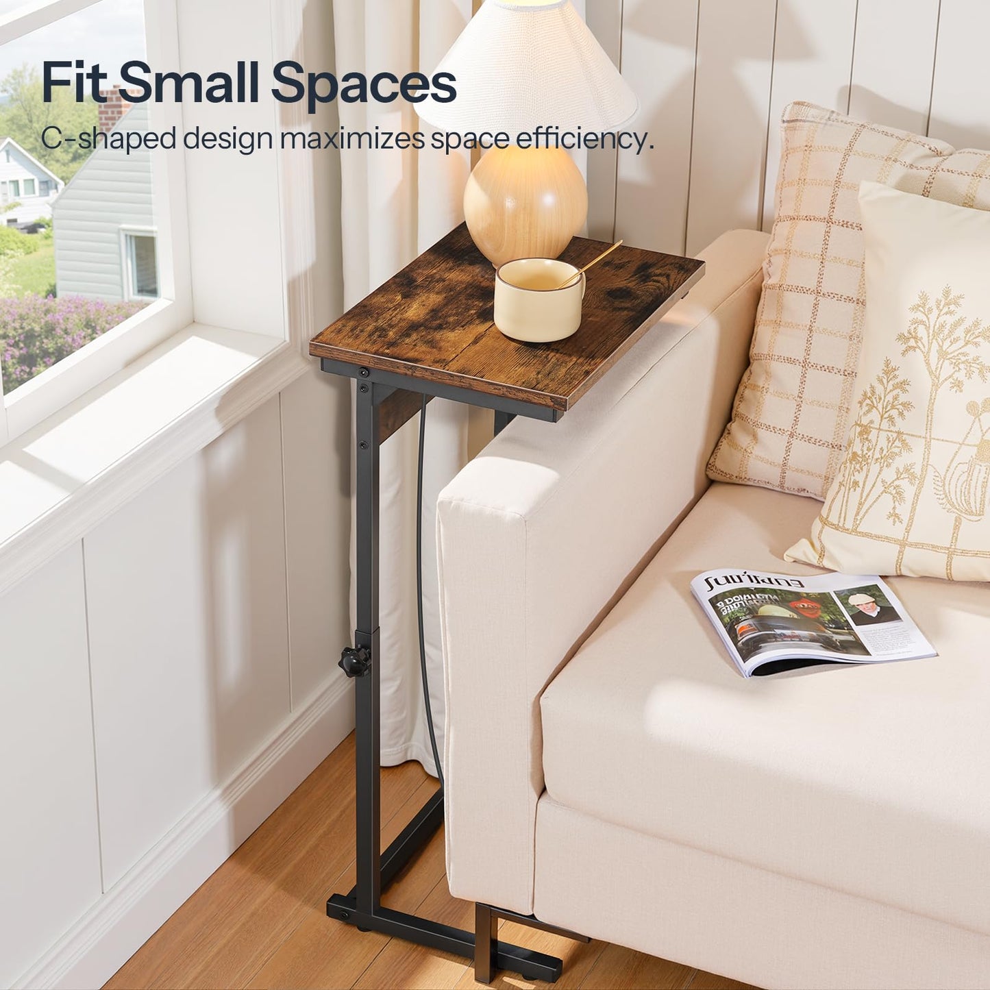HOOBRO C-Shaped End Table with Charging Station, Adjustable Height Sofa Tray Side Table, Slide Under Couch Arm Table, Small C Side Table for Small Space in Living Room, Bedroom, Rustic Brown BF71USF01