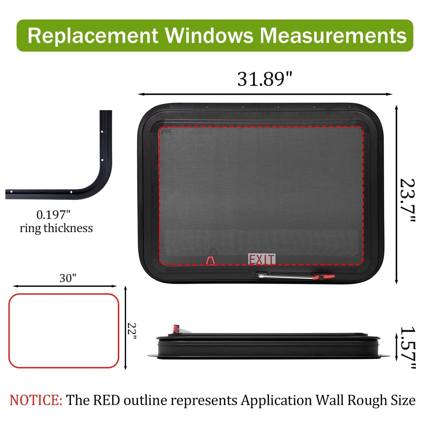30"x22" RV Emergency Exit Window - DOT-Certified Tempered Glass, Security Lock, Waterproof Aluminum Frame w/Mesh Screen (Fits 1.57"-1.77" Walls, Complete Kit)