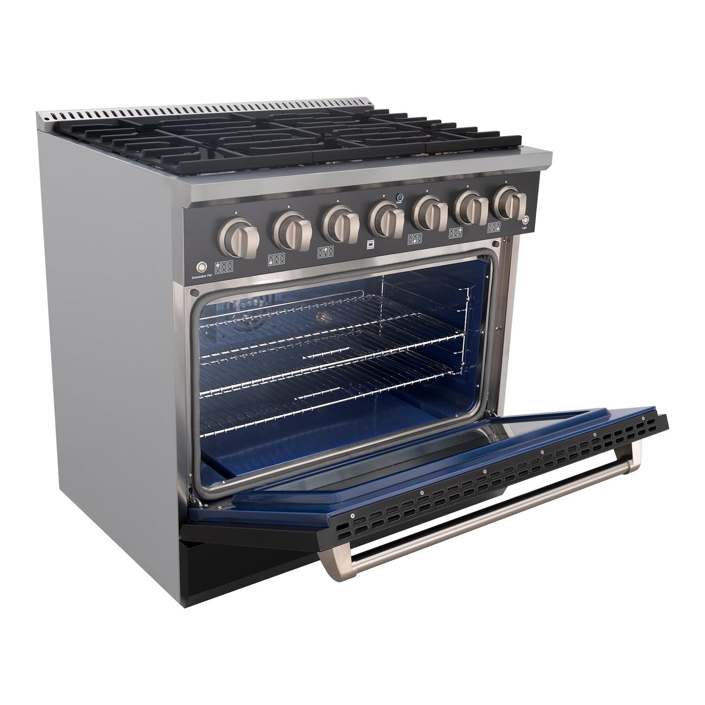 Akicon 36 Inch Freestanding Gas Range - Gas Oven Stove with 6 Sealed Burners, Heavy Duty Cast Iron Grates - 5.2 cu. ft. Capacity Rapid Convection Oven with Porcelain Interior (Black & Stainless Steel)
