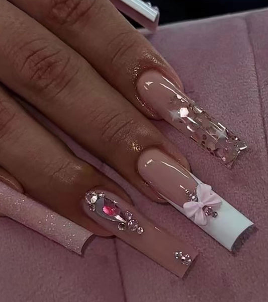 Press on Nails Extra Long - Aegenacess Square Press On Nails with 3D Bow and Rhinestones, Nude White Fake Nails with Glue Sticker, Handmade 24 pcs Stick On Nails False Nail in 12 Sizes