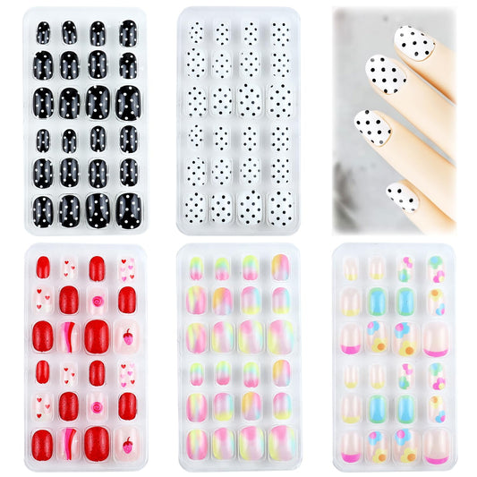 120 Pieces Fake Nails for Girls Black White Polka Dots Kid Nails Press on Pre-glue Children Artificial False Nails Short Oval Full Cover Acrylic Stick on Nail Tips Kit for Women