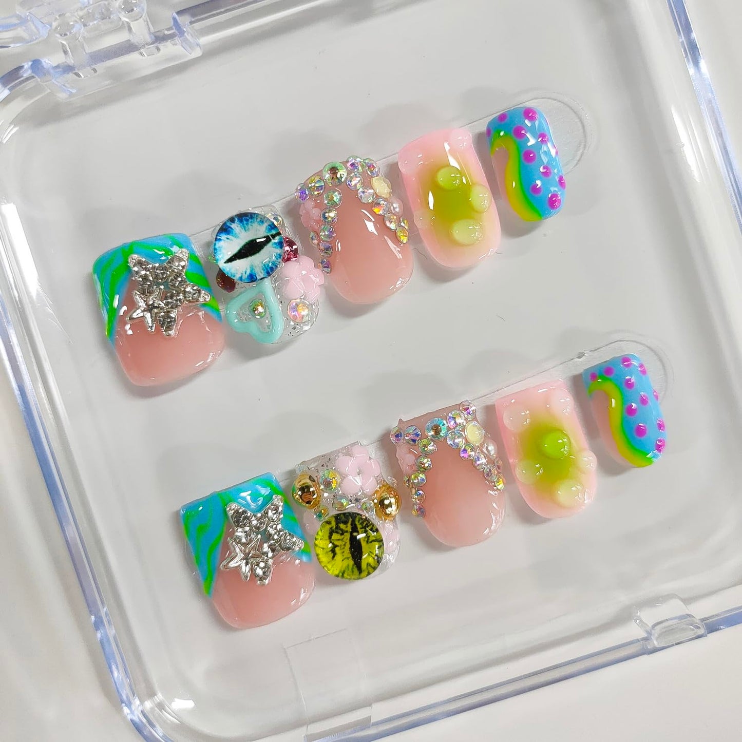 Handmade Press on Nails Short Square 3D French Tip Thick Acrylic Fake Nails Y2K False Nails with Polka Dots Eyes Charms Rhinestones Stars Water Drop Designs Sturdy Nail Art Press on Nails 10Pcs(S)
