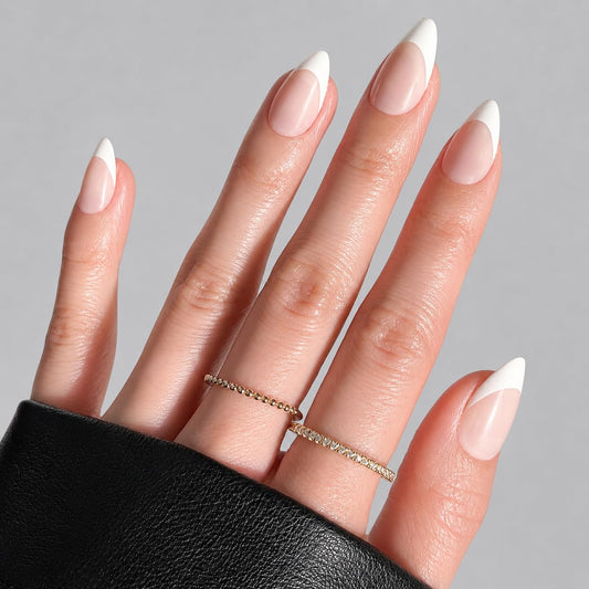 PaintLab Press On Nails - Tres Jolie Short Almond Fake Nails, French Tip, 30 Nails in 15 Sizes with Glue, Reusable Salon Quality Press On Nails