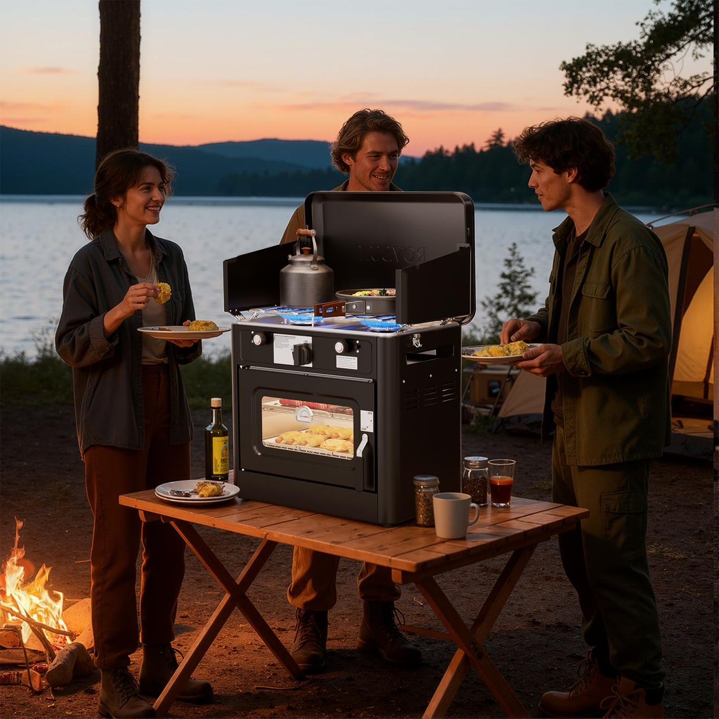 ROVSUN 2-in-1 Portable Camping Stove & Propane Oven with Piezo Igniter, 2 Burner Stove & Outdoor Oven with Adjustable Fire, Thermometer, Wind Panel & Regulator for Traveling, Tailgating (Black)