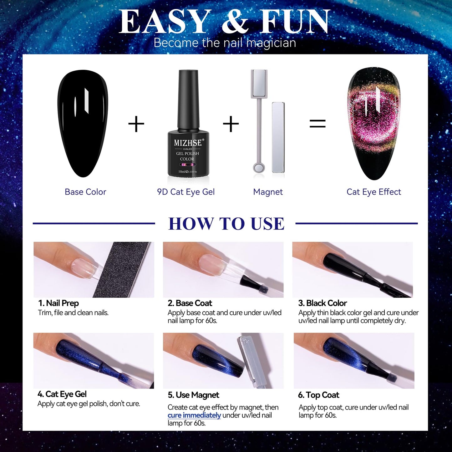 MIZHSE 9D Cat Eye Gel Nail Polish Set, Glitter Chameleon Magnetic Gel Nail Polish with Black Color 2 Magnet Sticks, Galaxy Effect Soak Off LED Nail Art Manicure Salon DIY Gift