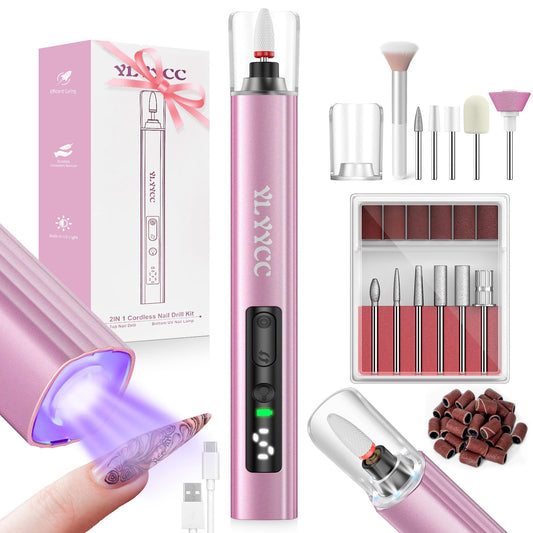 YLYYCC Cordless Nail Drill Electric File with UV Nail Lamp: Professional for Acrylic Gel Dip Powder Nails Portable Nail Drill Machine Kit for Manicure Pedicure Nail Set Rechargeable Lightweight