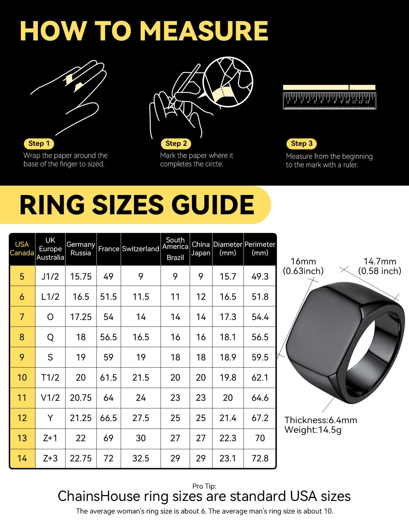ChainsHouse Black Signet Rings for Men Women Solid Polished Stainless Steel Biker Ring Gift for Dad Size 14