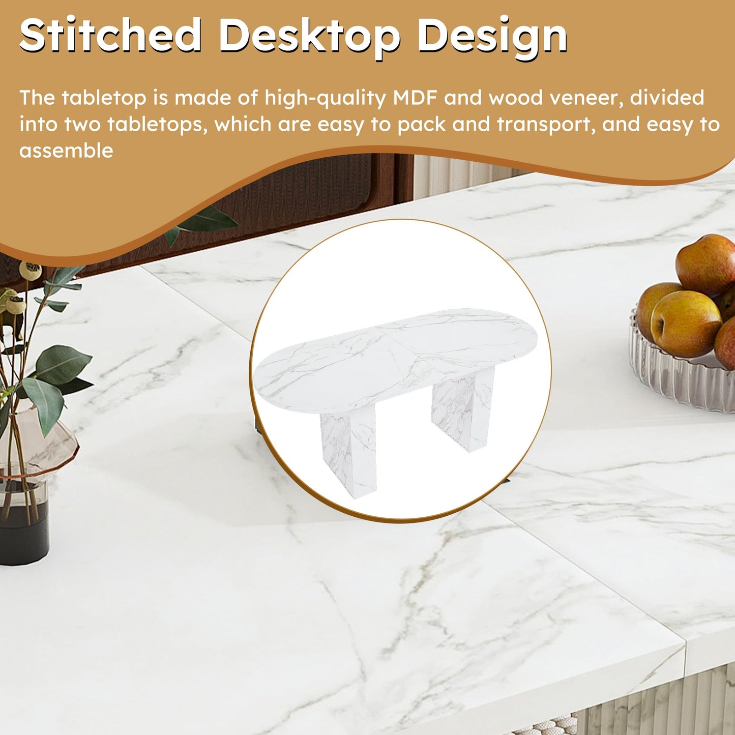KEIKI 63" Oval Dining Room Table, Modern Farmhouse Dining Table for 6, Kitchen Table with Marble Top and Sturdy Wood Metal Base, Scratch Resistant Surface, White Marble