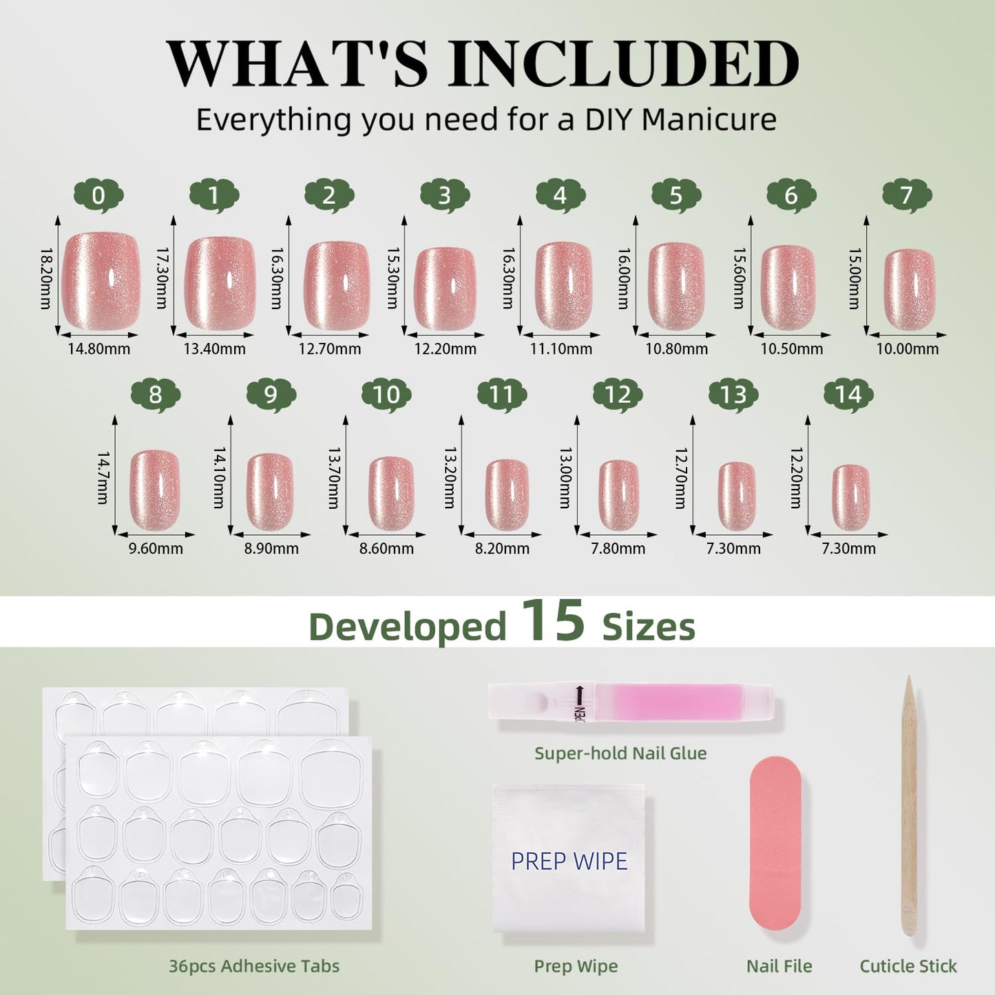 Cat Eye Press On Nails Square - Pink Short Square Fake Nails, Cateye Press On Nails Reusable Stick On Nails in 15 Sizes 30pcs False Nail Kit for Women & Girls (Fairy Pink)