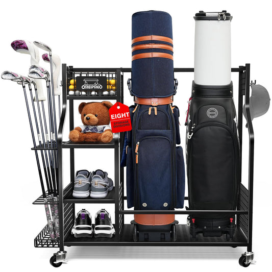 Golf Bag Storage Garage Organizer, Golf Bag Storage Stand and Other Golfing Equipment Accessories Rack, Golf Bag Storage Rack with Wheels, Golf Organizer for Home, Garage, Club, Shed, Basement
