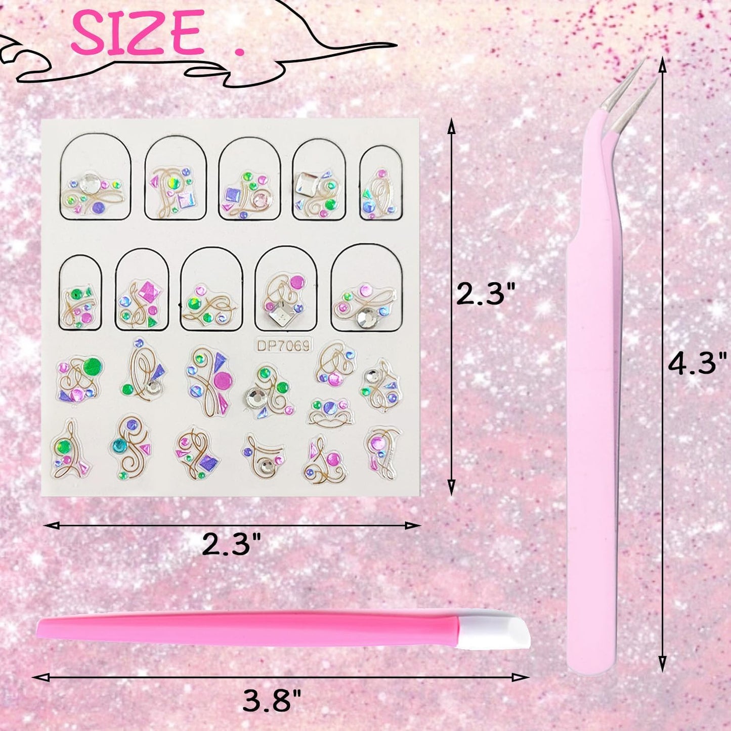8 Sheets 3D Nail Art Stickers Diamond Heart Round Luxury Self-Adhesive Nail Decals Rhinestones Heart Design Gold Line Glitter Gems Pink White Purple Blue Colorful