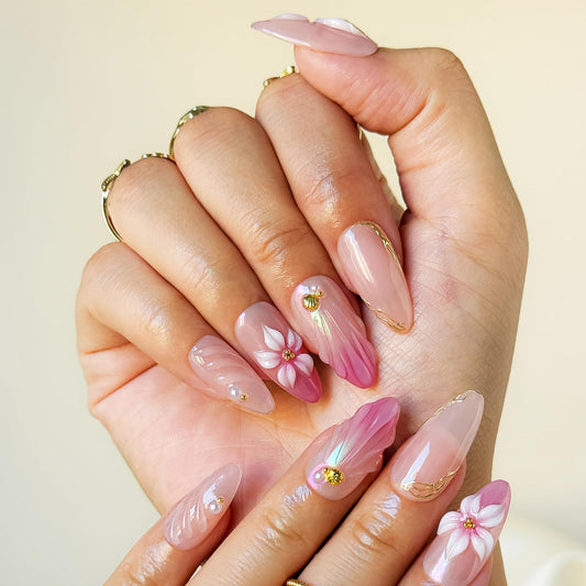 10 Pcs Press On Nails 3D Floral Pink Yellow Gradient Aurora Petal Gold Accent Soft Glam Artistic Fake Nails, Acrylic/UV Gel Romantic Summer Blossom Pastel Iridescent Wearable Nails (Multicolor, M)