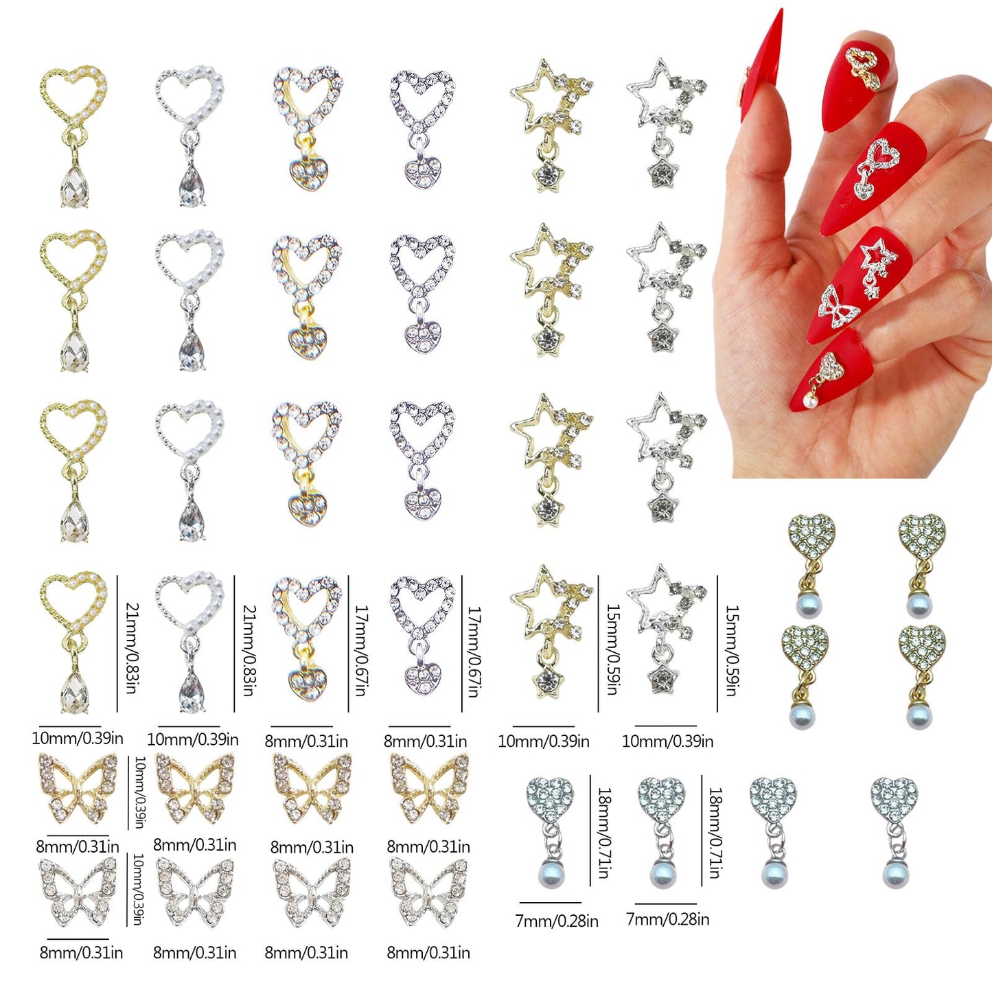 BJRSPGLS 40Pcs Heart Dangle Nail Charms Nail Rhinestones and Gems,Silver Gold Nail Jewels Charms Diamonds Stones for Nail Art,Valentines Love Star Dangling Nail Jewelry for Nails Design Variety