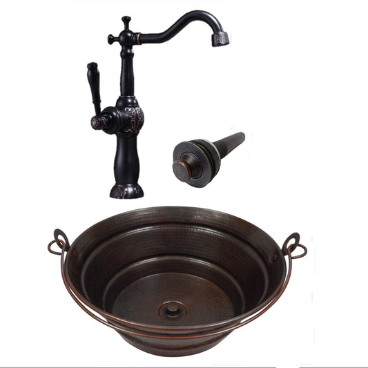 Simply Copper 15" Round Vintage Look Copper Bucket Vessel Sink with LT Drain and 13" ORB Claymore Vessel Filler Faucet