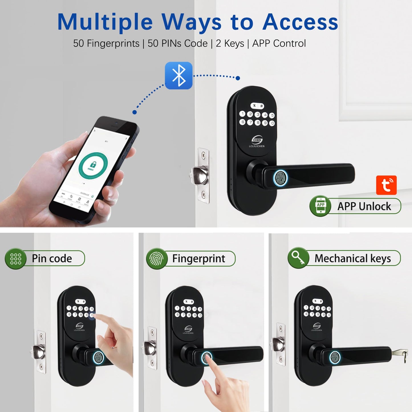 CHEN LCLILICHEN Keyless Entry Door Lock with Handle, Smart Fingerprint Deadbolt, APP Control & Keypad Password Unlock for Front Door, Home, Apartment