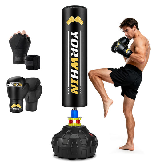 Standing Heavy Boxing Bag for Adult, Freestanding Punching Bag with 12OZ Pro Boxing Gloves and Wrapped Gloves, Boxing Bag with Suction Cup Base, Men Stand Kickboxing Bag for Home Office Gym Training